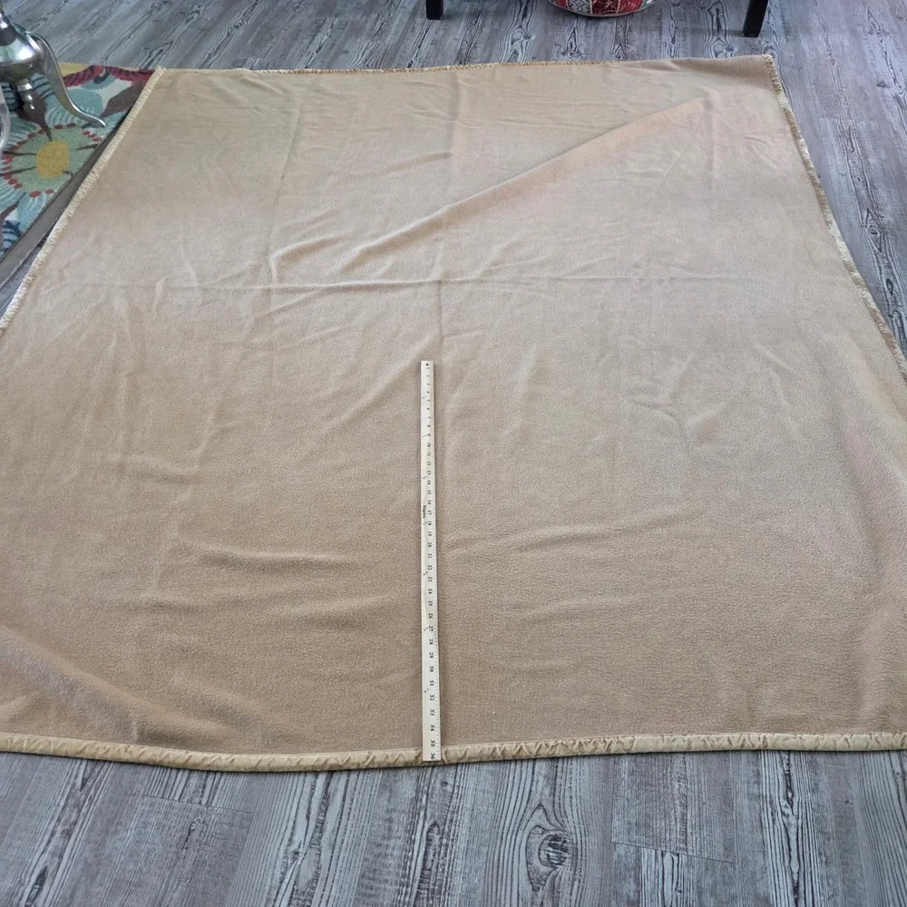 Vintage Camel Tan Wool Blend Blanket Velvet Binding Trim Oversized 94x84 Rustic